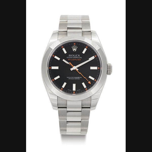 ROLEX. A STAINLESS STEEL AUTOMATIC WRISTWATCH WITH CENTER SECONDS AND BRACELET SIGNED ROLEX OYSTER PERPETUAL, MILGAUSS, CASE NO. M212286, REF. 116400, CIRCA 2007