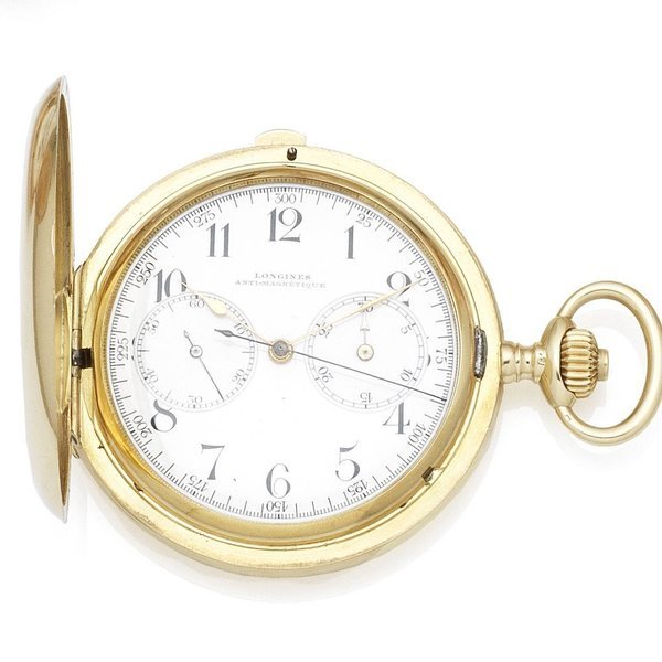 Longines Longines. An 18K gold keyless wind chronograph full hunter pocket watch Anti-Magnetique, Case No.2962478, Circa 1890