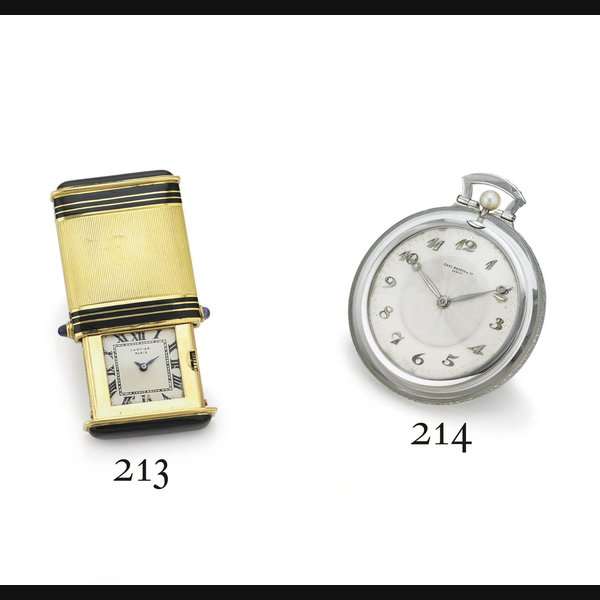 CARTIER. A RARE 18K GOLD AND ENAMEL PURSE WATCH SIGNED CARTIER, PARIS AND EUROPEAN WATCH AND CLOCK CO., "ECLIPSE", MOVEMENT NO. 418396, CASE NO. 3510, CIRCA 1929