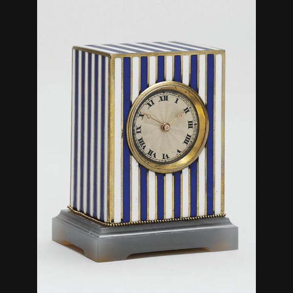 A Swiss Small Silver-Gilt A Swiss small silver-gilt, enamel and agate eight day travel timepiece GENEVA CLOCK CO., NO.6728. CIRCA 1920