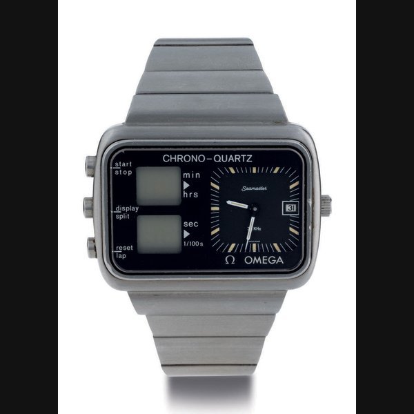 Omega OMEGA. AN UNUSUAL STAINLESS STEEL RECTANGULAR CHRONOGRAPH WRISTWATCH WITH DATE AND BRACELET SIGNED OMEGA, SEAMASTER, CASE NO. 396.0836, REF. 196.0052, CIRCA 1975