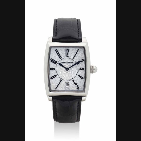 GERALD GENTA. A FINE STAINLESS STEEL RECTANGULAR WRISTWATCH WITH DATE SIGNED GERALD GENTA, SOLO MODEL, REF. SSO.M.10, CASE NO. 103890, CIRCA 2000