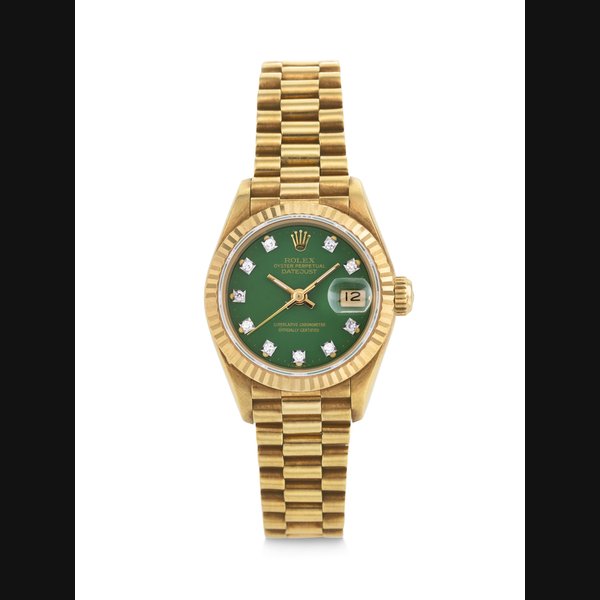ROLEX. A VERY RARE AND EYE-CATCHING 18K GOLD AUTOMATIC WRISTWATCH WITH DATE, BRACELET, AND GREEN 'STELLA' DIAMOND DIAL DATEJUST ‘STELLA’ MODEL, REF. 69178, CASE NO. E595888, CIRCA 1990