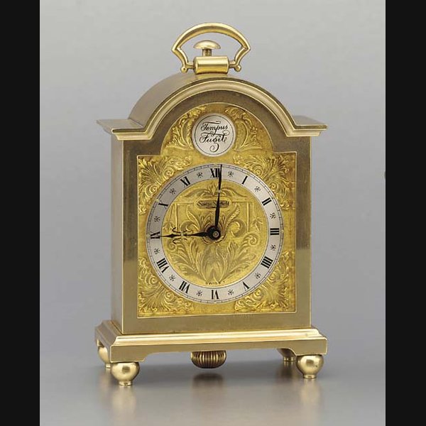 Swiss. A gilt brass minute repeating miniature mantle timepiece UNSIGNED, CIRCA 1950, MOVEMENT CIRCA 1920