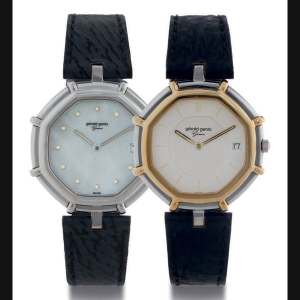 GERALD GENTA. A LOT OF TWO QUARTZ WRISTWATCHES BOTH SIGNED GERALD GENTA, GENEVE, QUARTZ, THE FIRST CASE NOS. G2860.7 AND 33940, THE SECOND CASE NOS. G2860.7 AND 42349, BOTH CIRCA 1998