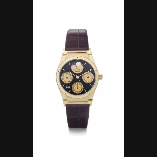 IWC. An 18k Gold Automatic Perpetual Calendar Wristwatch with Moon Phases SIGNED IWC, INTERNATIONAL WATCH CO., SCHAFFHAUSEN, INGENIEUR PERPETUEL MODEL, CASE NO. 2477442, CIRCA 1990