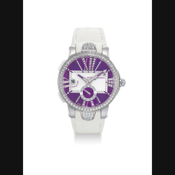 Ulysse Nardin ULYSSE NARDIN. A LADY'S STAINLESS STEEL AND DIAMOND-SET AUTOMATIC DUAL TIME WRISTWATCH WITH DATE AND MOTHER-OF-PEARL DIAL · 243-10