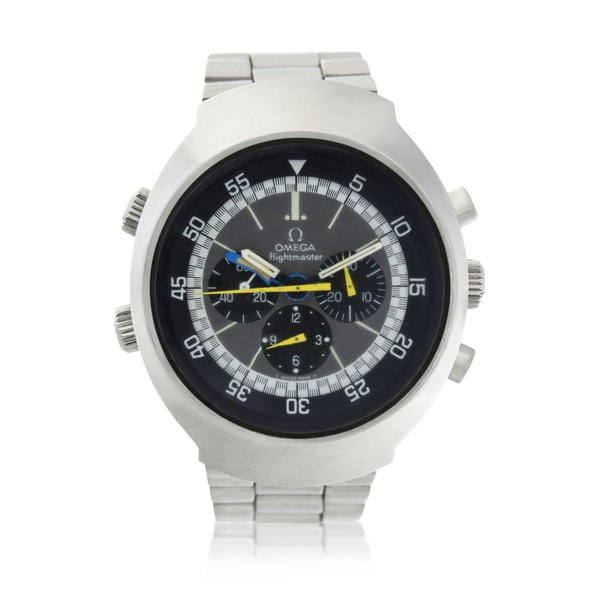Omega Reference 145.036 Flightmaster  A stainless steel dual time chronograph wristwatch with 24-hour indication and bracelet, Circa 1971