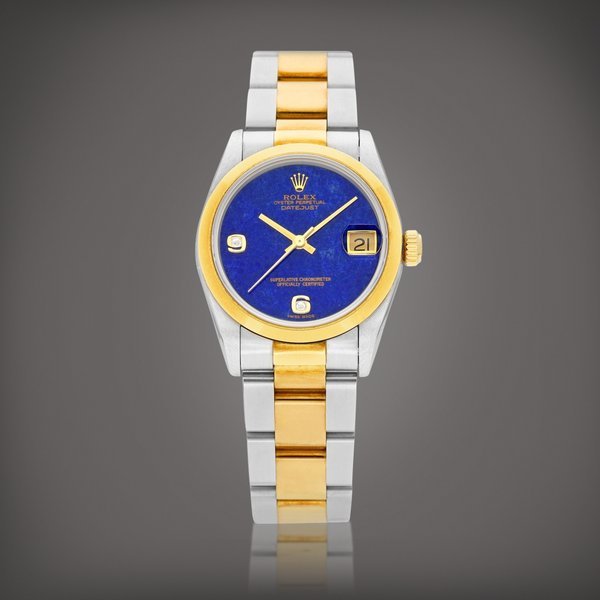 Rolex DateJust, Reference 68243 | A yellow gold, stainless steel and diamond-set wristwatch with date, lapis lazuli dial and bracelet, Circa 1996 | 勞力士 | DateJust 型號68243 | 黃金及精鋼鑲鑽石鏈帶腕錶，備日期顯示及青金石錶盤，約1996年製 · 68243