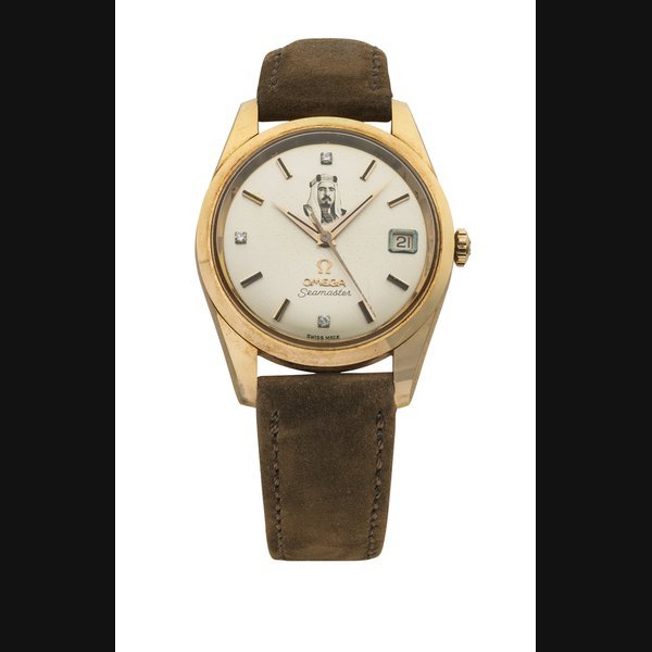 Omega OMEGA. AN EXTREMELY RARE AND ATTRACTIVE 18K PINK GOLD AND DIAMOND-SET AUTOMATIC WRISTWATCH WITH SWEEP CENTRE SECONDS, DATE AND PORTRAIT OF SHEIKH ISA BIN SALMAN AL KHALIFA OF BAHRAIN SIGNED OMEGA, SEAMASTER MODEL, REF.166010-63, CIRCA 1965