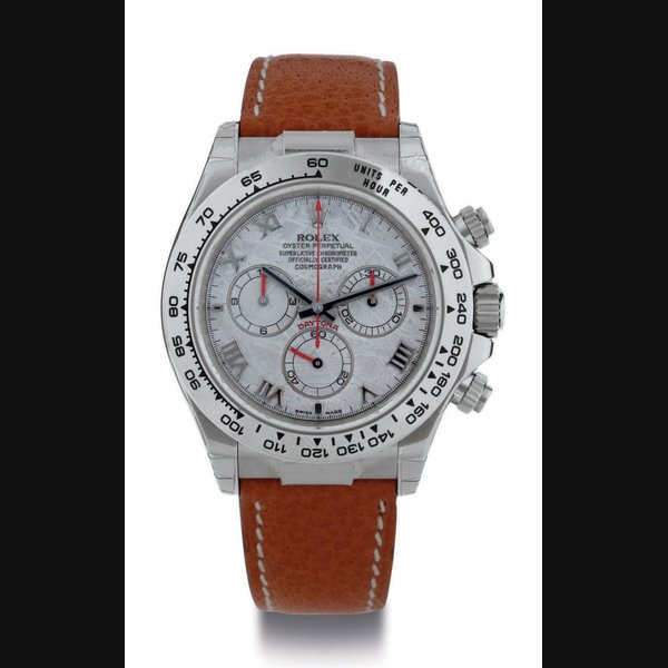ROLEX. A FINE AND RARE 18K WHITE GOLD AUTOMATIC CHRONOGRAPH WRISTWATCH WITH METEORITE DIAL SIGNED ROLEX, OYSTER PERPETUAL, COSMOGRAPH DAYTONA, CASE NO. Z535594, REF. 116519, CIRCA 2005