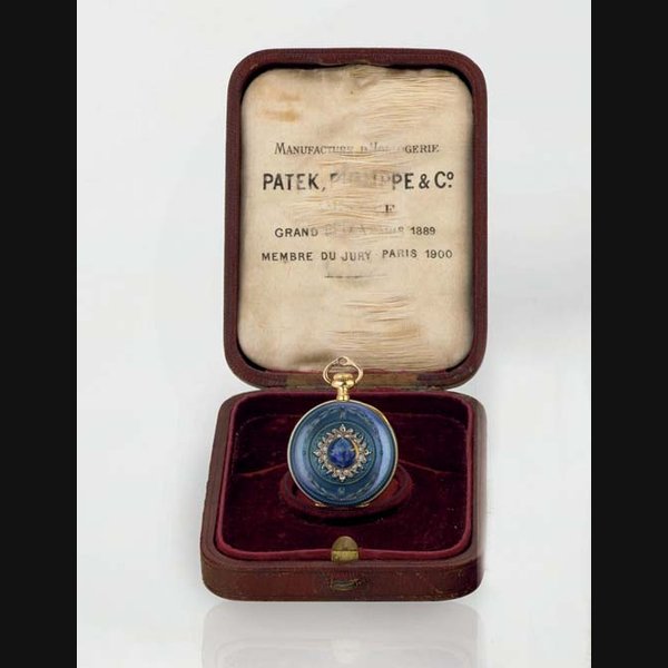 PATEK PHILIPPE. A RARE LADY'S 18K GOLD, PLATINUM, DIAMOND AND ENAMEL KEYLESS LEVER PENDANT WATCH WITH ORIGINAL BOX SIGNED PATEK PHILIPPE & CO., GENEVA, MOVEMENT NO. 158347, CASE NO. 265409, RETAILED BY HENRY J. HOWE, SYRACUSE, NY, MANUFACTURED IN 1910