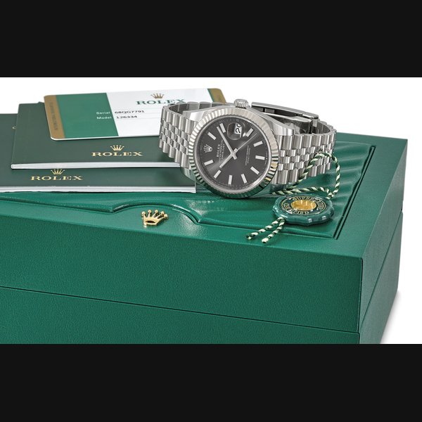 ROLEX. AN 18K WHITE GOLD AND STAINLESS STEEL AUTOMATIC WRISTWATCH WITH SWEEP CENTRE SECONDS, DATE, BRACELET, ORIGINAL GUARANTEE AND BOX SIGNED ROLEX, OYSTER PERPETUAL, DATEJUST, DATEJUST 41 MODEL, REF. 126334, CASE NO. 68QG7791, CIRCA 2019