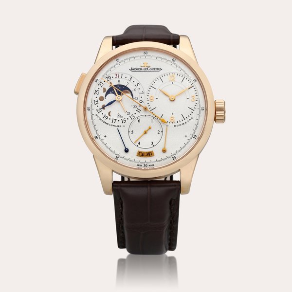 Jaeger-LeCoultre Reference 602.2.24.S Duometre a Quantieme Lunaire | A pink gold jump seconds wristwatch with 1/6th seconds, date, moon phases, and power reserve indication, Circa 2010