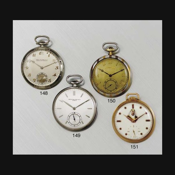 PATEK PHILIPPE. A RARE 18K WHITE GOLD AND ENAMEL OPENFACE KEYLESS LEVER DRESS WATCH SIGNED PATEK PHILIPPE & CIE., GENEVA, MOVEMENT NO. 814349, CASE NO. 605722, RETAILED BY J.J. SWEENEY JEWELRY CO., HOUSTON, TEXAS, CIRCA 1925