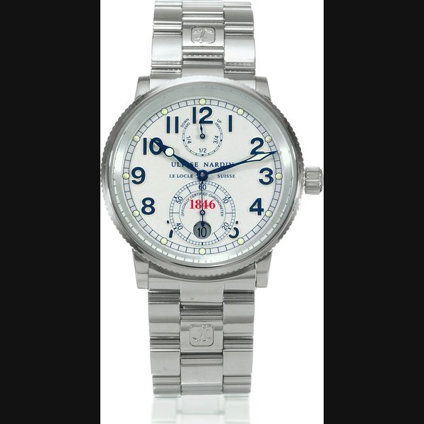 Ulysse Nardin 1846 Marine Chronometer Ulysse Nardin, Le Locle, Suisse, "1846 Marine Chronometer, Officially Certified Chronometer', No. 4608, Ref. 263-22. Made circa 2000. Fine, self-winding, water-resistant, stainless steel chronometer wristwatch with date, power reserve and a stainless steel Ulysse Nardin link bracelet with double deployant clasp. | The Collection of a European Nobleman | Geneva, 11th May 2008 · 263-22