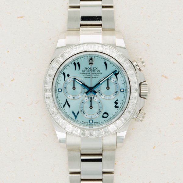  Rolex Daytona 116576TBR Platinum Baguette Diamond Bezel Arabic Ice Blue Dial