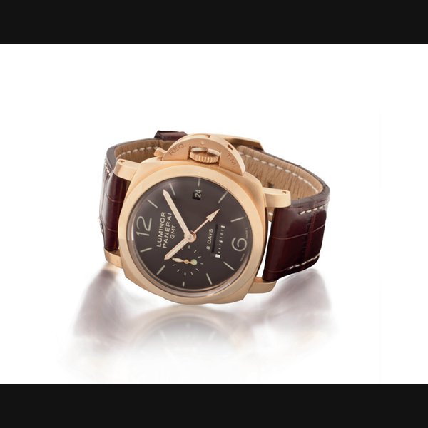 Panerai. A Fine 18K Pink Gold Limited Edition Oversized Cushion-Shaped Dual Time 8-Days Diver's Wristwatch with Power Reserve and Date SIGNED PANERAI, LUMINOR 1950 8 DAYS GMT MODEL, REF. OP6716, PAM00289, NO. K357/500, MOVEMENT NO. 010202, CASE NO. BB 1333763, CIRCA 2009