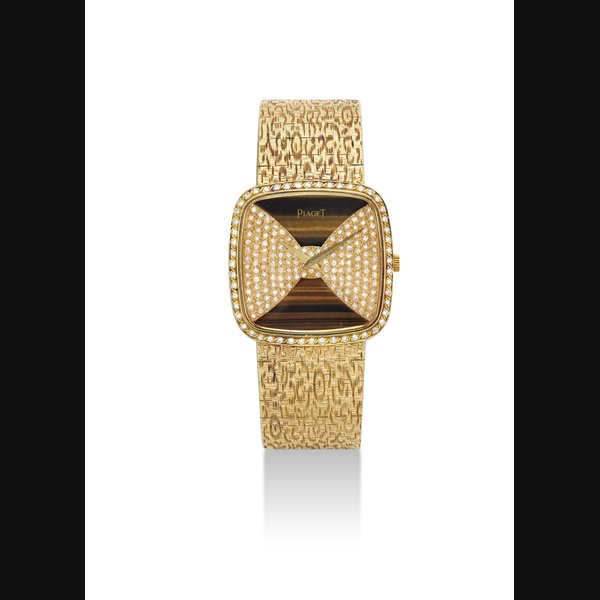 PIAGET. AN 18K GOLD AND DIAMOND-SET SQUARE BRACELET WATCH WITH TIGER'S EYE DIAL SIGNED PIAGET, REF. 9775 A68, MOVEMENT NO. 959'001, CASE NO. 296'002, CIRCA 1975