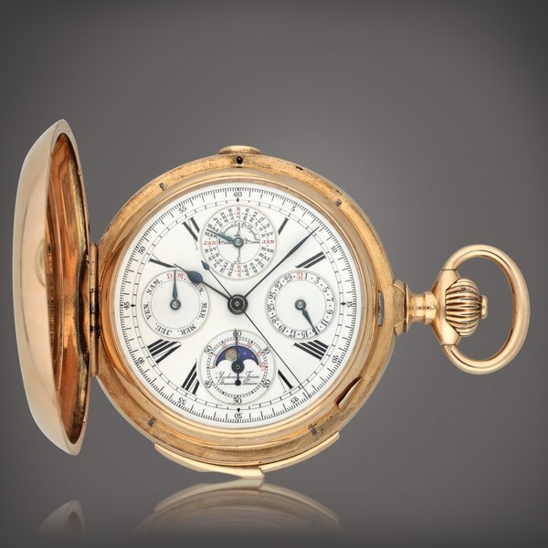 Audemars Frères A pink gold hunting cased perpetual calendar minute repeating chronograph watch with moon phases and leap-year indication | Circa 1908
