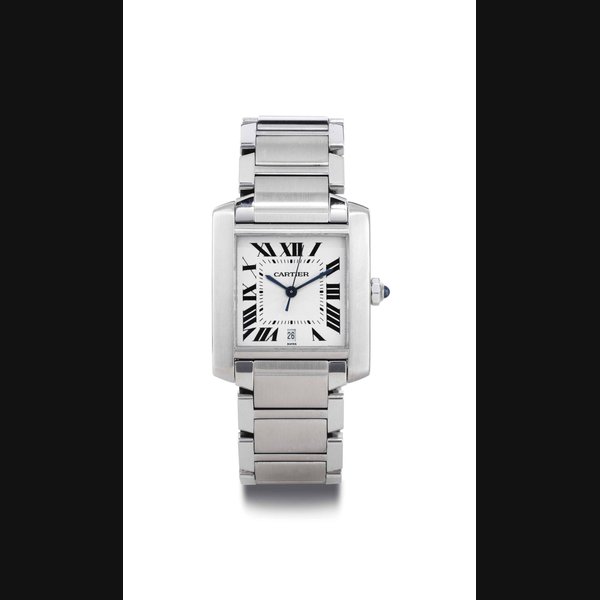 CARTIER. A STAINLESS STEEL AUTOMATIC SQUARE WRISTWATCH WITH DATE AND CENTER SECONDS SIGNED CARTIER, TANK FRANCAISE, CASE NO. CC225962, REF. 2302, CIRCA 2000