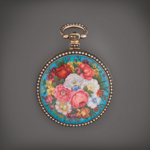 Bovet A gilt metal enamel and pearl set jump seconds watch for the Chinese market Circa 1860