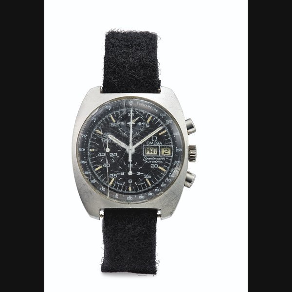 Omega Omega. A Very Fine and Rare Stainless Steel Automatic Chronograph Prototype Wristwatch with Day and Date Signed Omega, Speedmaster, Automatic, Prototype Model, Case Ref. 11001, Movement No. 100, Manufactured in 1974