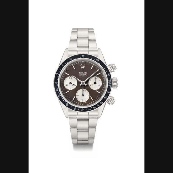 Rolex Rolex. A very rare and highly attractive stainless steel chronograph wristwatch with brown dial and bracelet, original guarantee and box SIGNED ROLEX, OYSTER COSMOGRAPH, REF. 6263, CASE NO. 3'365'443, MANUFACTURED IN 1973