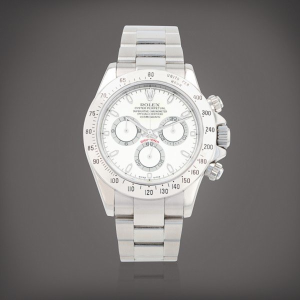 Rolex 'Panna' Daytona, reference 116520 Montre bracelet en acier avec chronographe | Stainless steel chronograph wristwatch with bracelet Vers 2000 | Circa 2000 · 116520