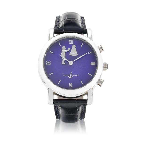 Ulysse Nardin Ulysse Nardin | Hour Striker, Reference 759-20, A platinum hour striking and repeating wristwatch with automaton and enamel dial, Circa 1996 | 雅典 | San Marco Hour Striker 型號759-20   鉑金報時、單問及活動人偶鏈帶腕錶，備琺琅錶盤，約1996年製 · 759-20