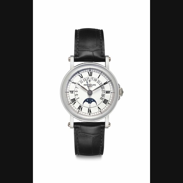 Patek Philippe Patek Philippe. A Fine and Rare Platinum Automatic Perpetual Calendar Wristwatch with Retrograde Date, Center Seconds and Moon Phases Signed Patek Philippe, Genève, Ref. 5059P, Movement No. 3'410'120, Case No. 4'337'538, Manufactured in 2006, Price & Market Data
