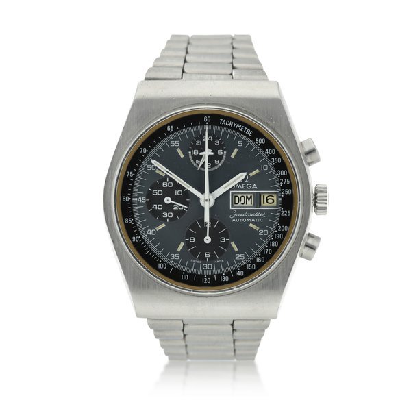 Omega Reference 176.0016 Speedmaster A stainless steel automatic chronograph wristwatch with day, date and bracelet, Circa 1975