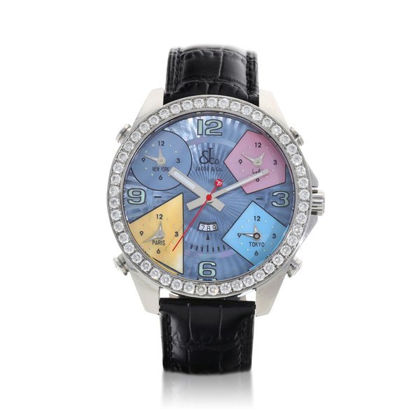 Jacob & Co. Reference JC-1 | A stainless steel diamond-set quintuple time zone wristwatch with date and mother-of-pearl dial, Circa 2000 | 型號 JC-1 | 精鋼鑲鑽石五地時間腕錶，備日期顯示及珠母貝錶盤，約2000年製 · JC-1