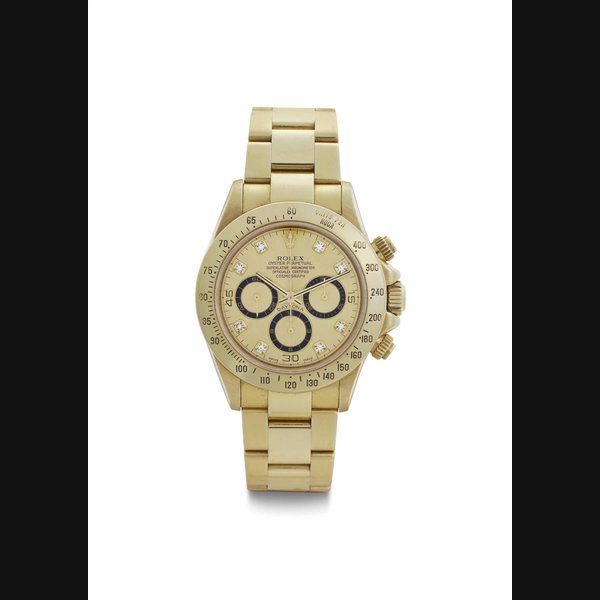 Rolex Rolex. An 18k Gold and Diamond-set Chronograph Wristwatch with Bracelet SIGNED ROLEX, OYSTER PERPETUAL, SUPERLATIVE CHRONOMETER, OFFICIALLY CERTIFIED, COSMOGRAPH, DAYTONA MODEL, REF. 16528, CASE NO. W909559, CIRCA 1994