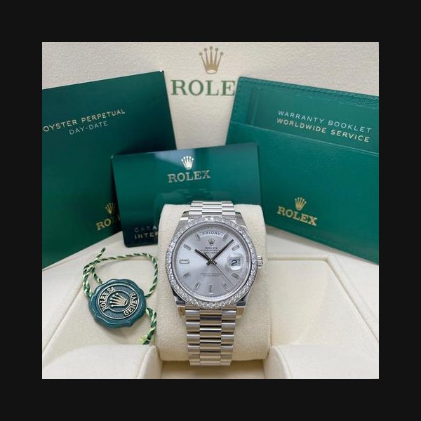Rolex Day-Date40mm 228349RBR White Gold Presidential Bracelet Silver Baguette Diamond Dial Unworn Complete Box & Papers