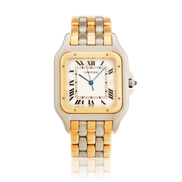 Cartier Pantherè | A stainless steel and yellow gold square shaped wristwatch with date and bracelet, Circa 1995