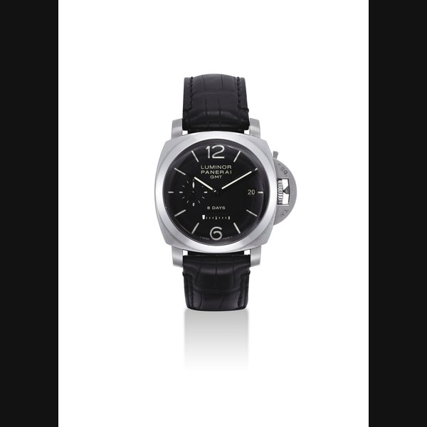 PANERAI. A STAINLESS STEEL LIMITED EDITION CUSHION-SHAPED DUAL TIME WRISTWATCH WITH 8 DAY POWER RESERVE, DATE AND DAY AND NIGHT INDICATION SIGNED PANERAI, LUMINOR PANERAI GMT MODEL, NO. I215/1500, REF. PAM00233, CASE NO. BB 1'205'377, MANUFACTURED IN 2006
