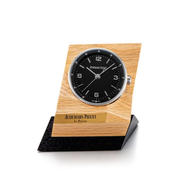 Audemars Piguet Code 11.59 | A stainless steel alarm desk clock with wooden stand, Circa 2019 | 愛彼 | Code 11.59 | 精鋼鬧鐘，備木製展示座，約2019年製