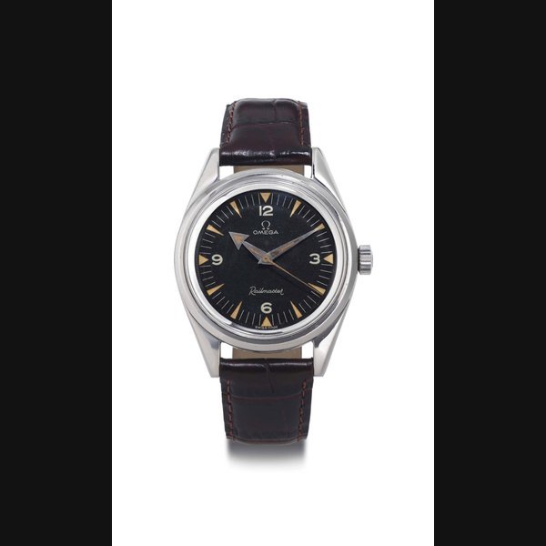 Omega OMEGA. A FINE AND RARE STAINLESS STEEL WRISTWATCH WITH CENTER SECONDS AND BLACK DIAL. SIGNED OMEGA, RAILMASTER, MOVEMENT NO. 16279834, REF. 2914-2, MANUFACTURED IN 1958