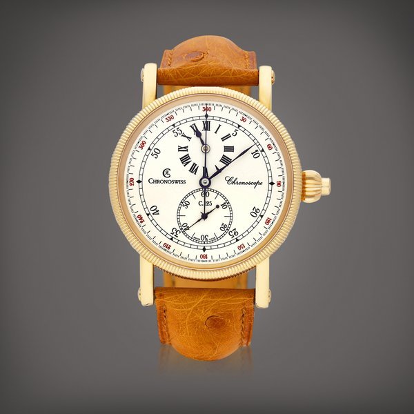Chronoswiss Chronoscope, Reference CH 1521 R | A pink gold single button chronograph wristwatch with regulator dial, Circa 2006 | Chronoscope 型號CH 1521 R | 粉紅金單按鈕計時腕錶，備規範指針錶盤，約2006年製 · ERENCE
