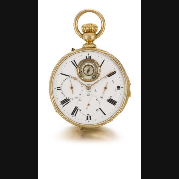 F. Rötig F. Rötig, Havre No. 1692 A gold and enamel open-faced quarter repeating calendar presentation watch with compass and thermometer Circa 1870, Price & Market Data