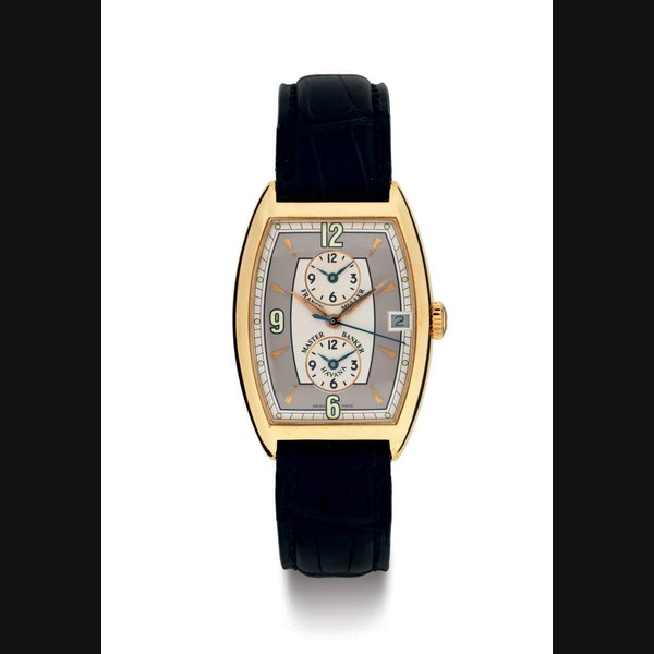 FRANCK MULLER. AN 18K GOLD AUTOMATIC TRIPLE TIME ZONE WRISTWATCH WITH DATE AND CENTER SECONDS SIGNED FRANCK MULLER, MASTER BANKER HAVANA, NO. 89, REF. 2852 MB HV, CIRCA 1998
