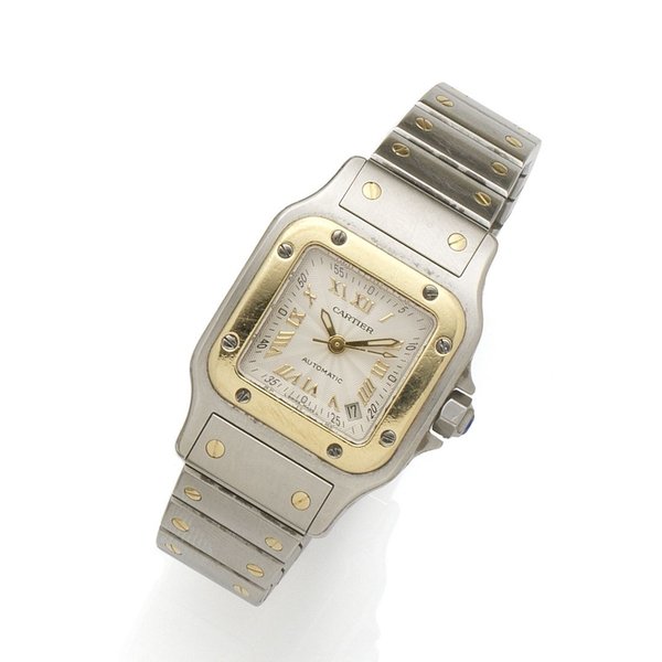 Cartier Cartier. A lady's stainless steel and gold automatic calendar bracelet watch Santos, Ref:2423, Case No.193283CD, Circa 2000, Price & Market Data