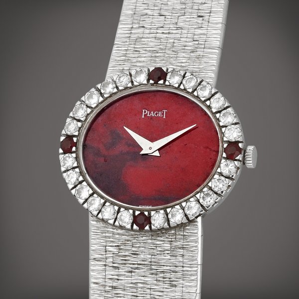 Piaget Reference 9804 A6 | A white gold, diamond and ruby-set bracelet watch with rhodonite dial | Circa 1970
