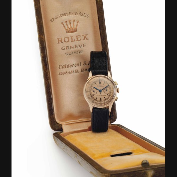 Rolex. A Rare and Unusual Mid-Size 18k Pink Gold Chronograph Wristwatch with Pink Dial and Presentation Box SIGNED ROLEX, ANTI-MAGNETIQUE, RETAILED BY GIUDICI MILANO, REF. 3834, CASE NO. 57'471, CIRCA 1940