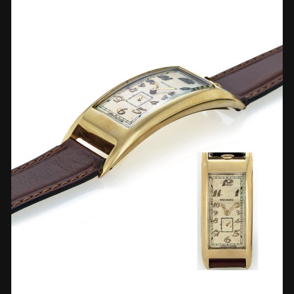 MOVADO. AN UNUSUAL OVERSIZED 14K GOLD CURVED RECTANGULAR WRISTWATCH SIGNED MOVADO, POLYPLAN MODEL, MOVEMENT NO. 401576, CASE NO. 401756, REF. 44009, MANUFACTURED IN 1912