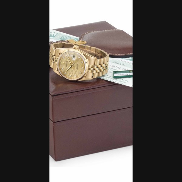 Rolex. An 18k Gold and Diamond-Set Automatic Wristwatch with Center Seconds, Date, and Bracelet SIGNED ROLEX, DATEJUST, REF. 16018, CASE NO. 9'590'147, CIRCA 1987