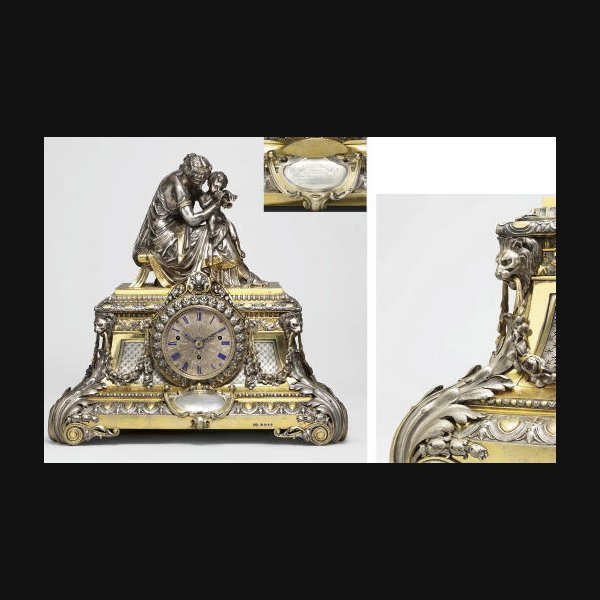 A large and impressive Victorian silver and silver-gilt eight day quarter-chiming mantel clock ELKINGTON & CO., LIVERPOOL. CIRCA 1876