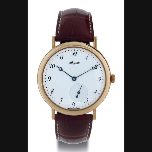 BREGUET. AN OVERSIZED 18K GOLD AUTOMATIC WRISTWATCH WITH ECCENTRIC SECONDS AND ENAMEL DIAL SIGNED BREGUET, CLASSIQUE, NO. 1746P, REF. 5140, CIRCA 2007