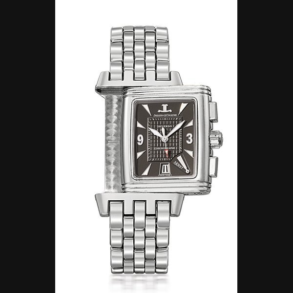Jaeger-Lecoultre JAEGER-LECOULTRE, REF. 295.8.59, REVERSO CHRONOGRAPHE RETROGRADE, REVERSO GRAN'SPORT STAINLESS STEEL AUTOMATIC DUAL TIME REVERSO CHRONOGRAPH WRISTWATCH WITH DATE AND BRACELET CASE 1965072, CIRCA 2005